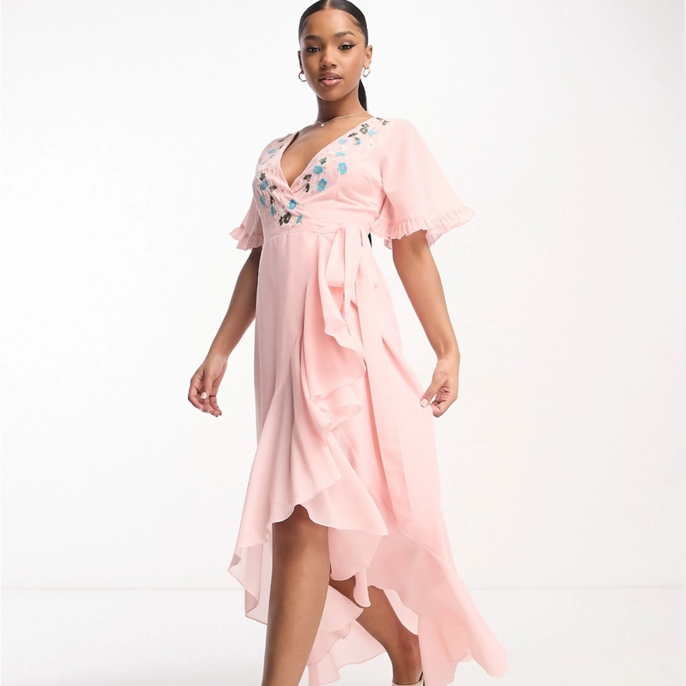 Maya Petite embroidered wrap dress in veiled rose